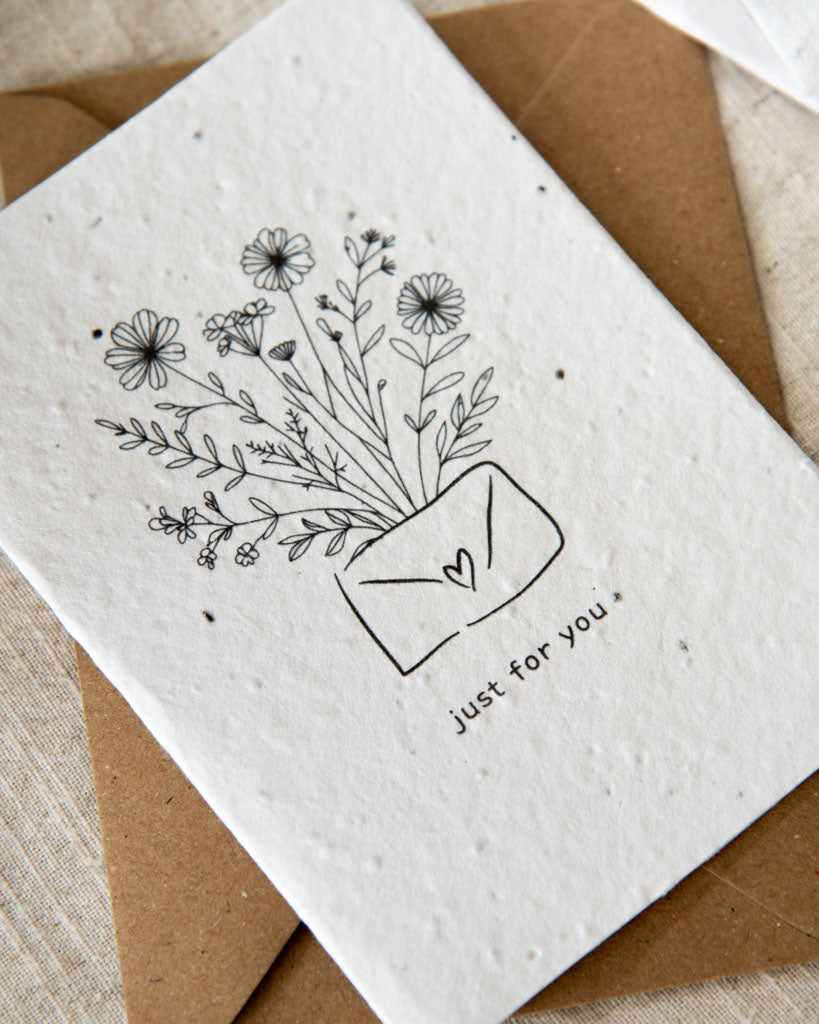 Wildflower plantable seed card with the message 'just for you' with a heart envelope and botanicals. Eco-friendly, sustainable and can be personalised.