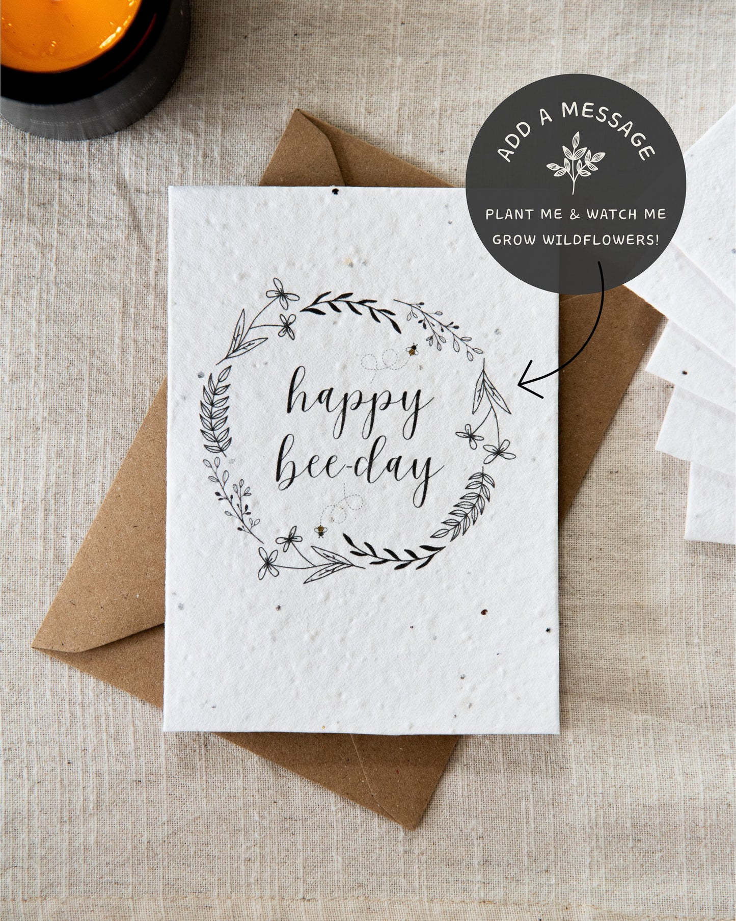 Wildflower plantable seed card with the message 'happy bee-day' surrounded by botanicals, leaves and bees. Printed on 100% cotton paper and complete with c6 kraft envelope. Can be personalised. Sustainable and eco-friendly.