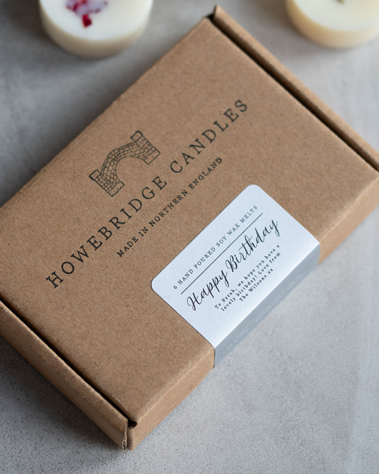 Howebridge Candles soy wax melt letterbox gift. Stamped with their logo and sealed with a personalised happy birthday message.
