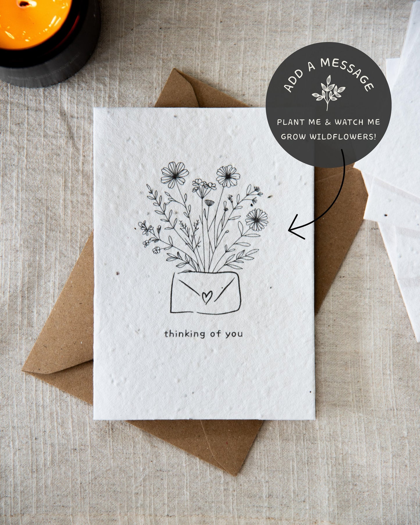 Wildflower plantable seed card with the message 'thinking of you' surrounded by botanicals. Printed on 100% cotton paper and complete with C6 Kraft envelope.