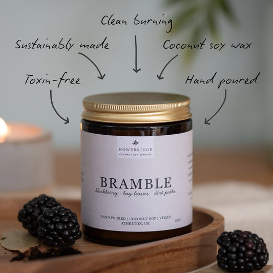 A sustainable candle called Bramble that smells of blackberry and bay. Hand poured coconut soy wax, toxin-free, clean burning and sustainably made.