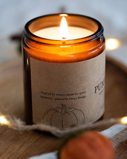 Pumpkin spice autumnal candle. Hand poured with coconut soy wax in Howe Bridge. Toxin-free, sustainable and eco-friendly. 