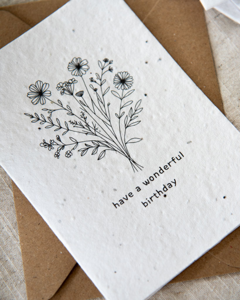 Wildflower seed card with the message 'have a wonderful birthday' with a flower bouquet. Made with recyclable cotton paper and eco-friendly. Can be personalised.
