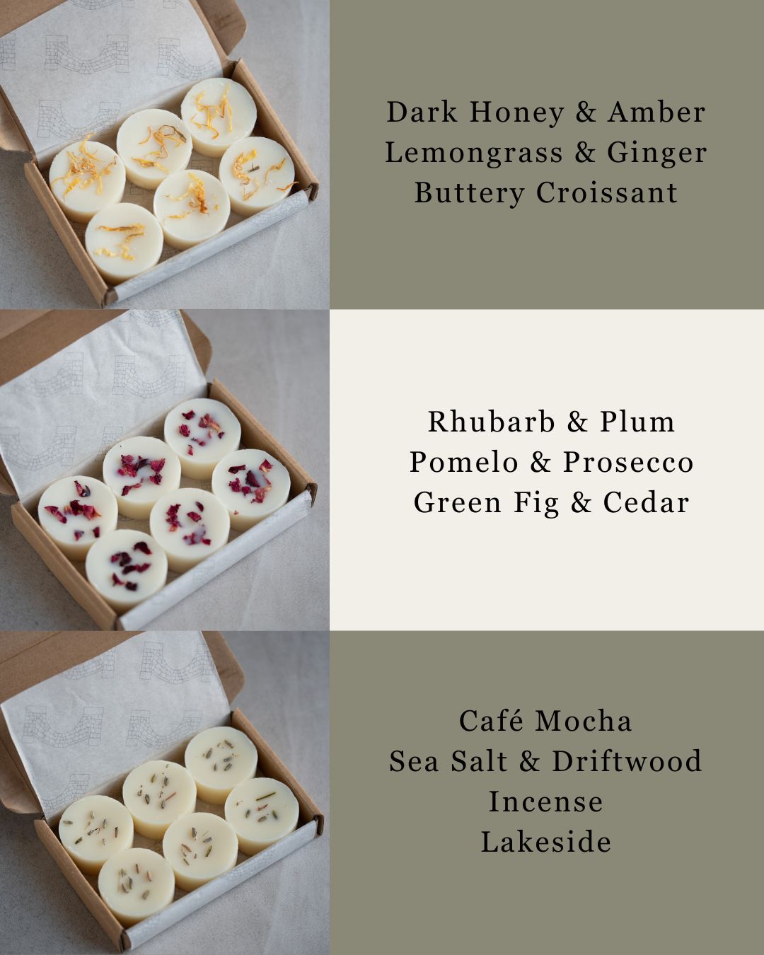 Howebridge Candles range of botanical soy wax. 6 round wax melts in a small letterbox size kraft box. Image shows different types of wax melts and scents to choose from.