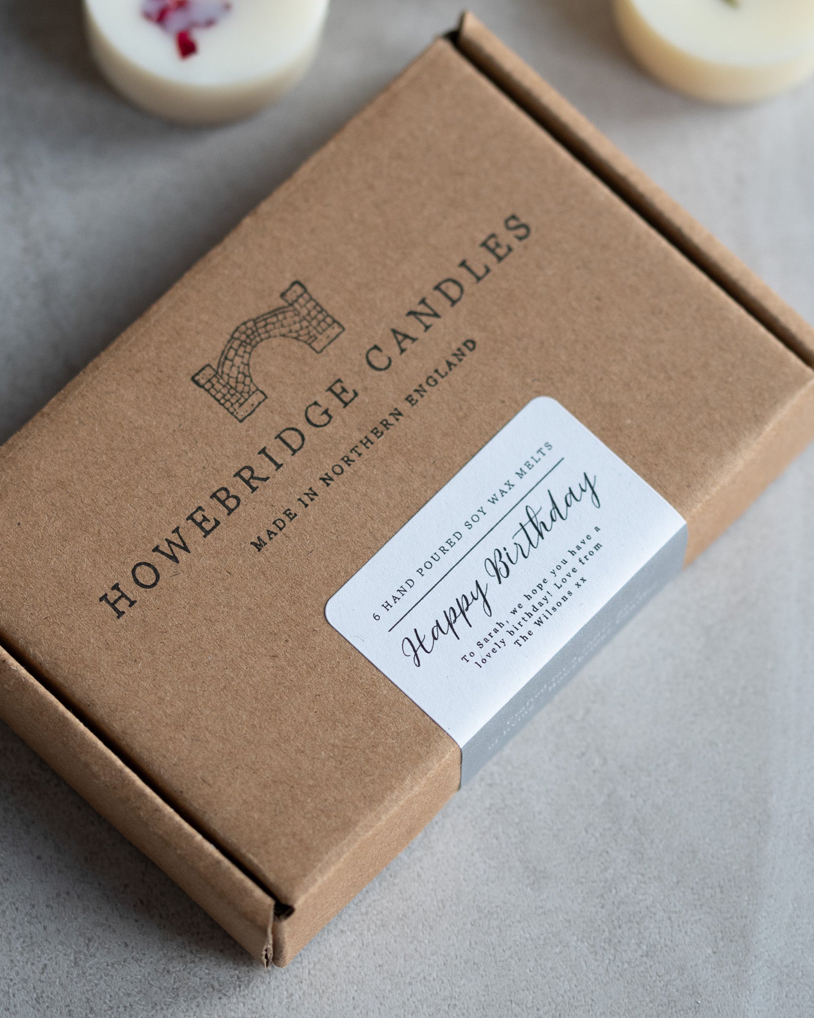 Howebridge Candles soy wax melt letterbox gift. Stamped with their logo and sealed with a personalised happy birthday message.