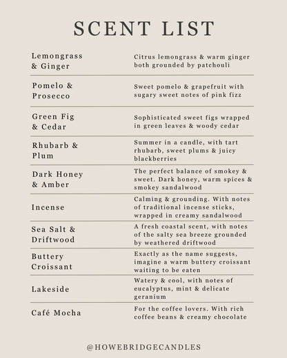 A document explaining Howebridge Candles scents and descriptions.