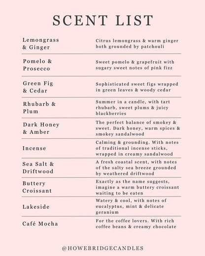 Howebridge Candles valentine's day scent list.