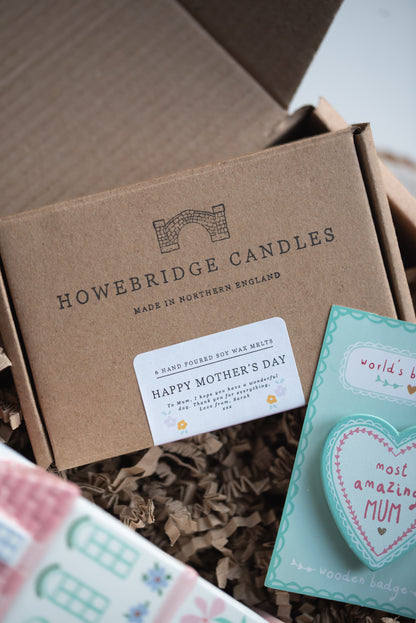 Howebridge Candles soy wax melt kraft box featuring stamped logo and personalised label.