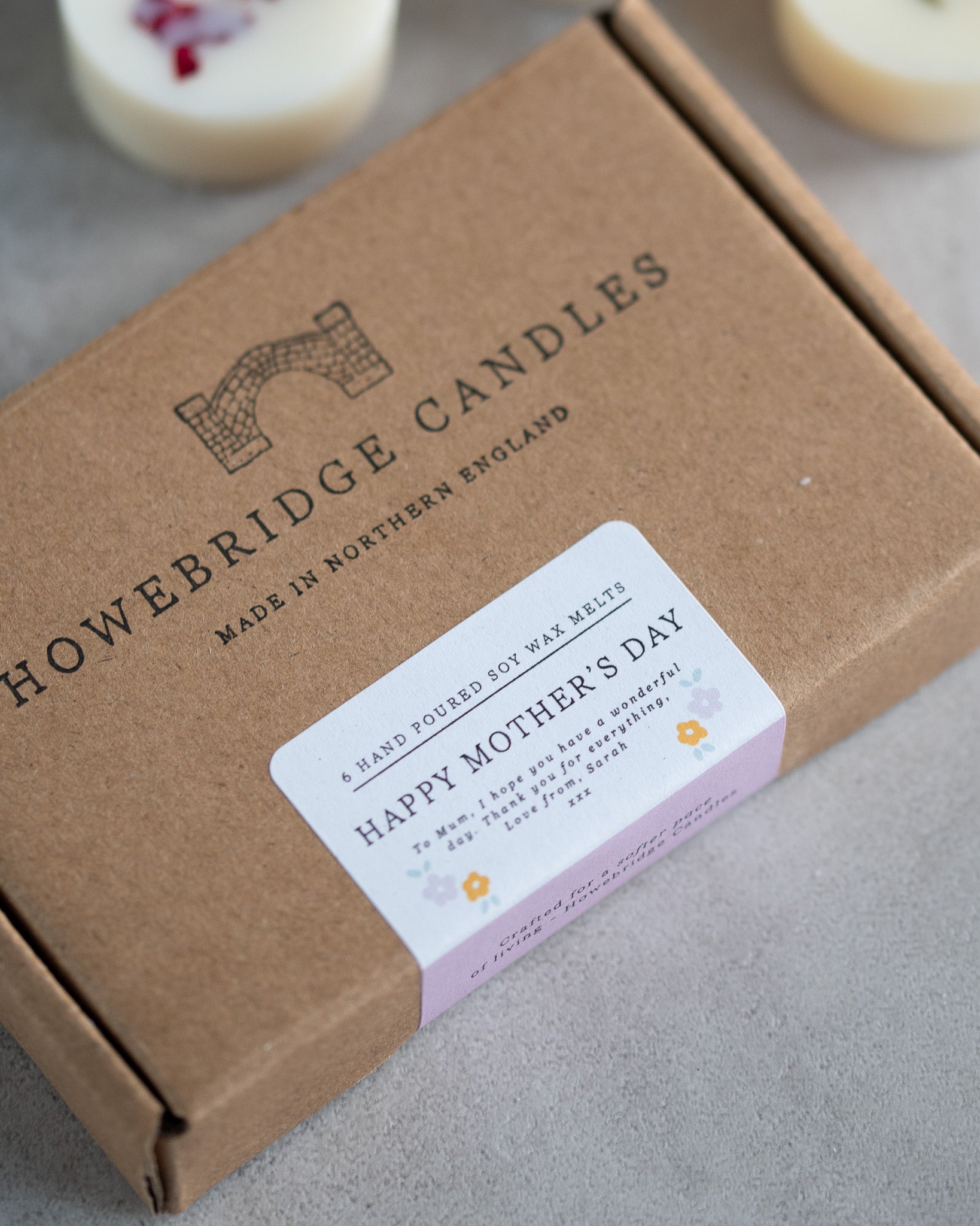 Howebridge Candles mothers day soy wax melt letterbox gift. Box is stamped with their logo and sealed with a personalised label.