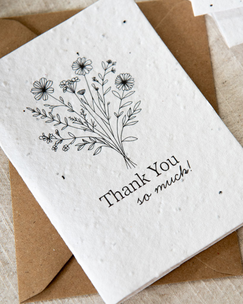 wildflower plantable seed card with a bouquet of flowers and the message 'thank you so much'. A6 size with a c6 kraft envelope.